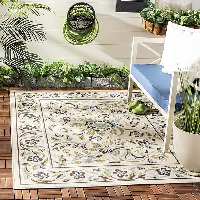 SAFAVIEH Veranda Collection Area Rug - 8' x 11', Cream & Green, Floral Design, Non-Shedding & Easy Care, Indoor/Outdoor & Washable-Ideal for Patio, Backyard, Mudroom (VER011-0614)
