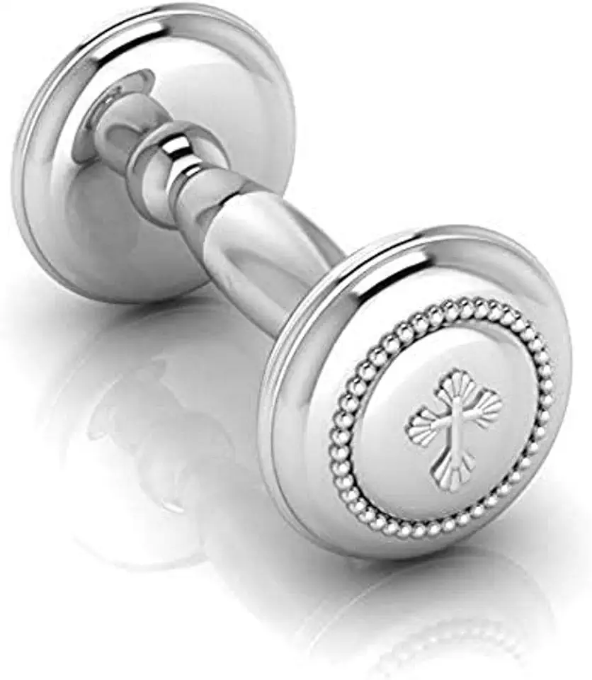 Sterling Silver Beaded Cross Dumbbell Rattle for Newborn Baby Boy and Baby Girl - Non-tarnishing, Durable, and Custom Engravable Gift