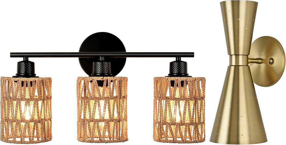 Modern Brass Wall Sconce Bundle Farmhouse Rattan Vanity Light, Rustic Natural Style Wall Light Fixture for Bedroom Bathroom Living Room
