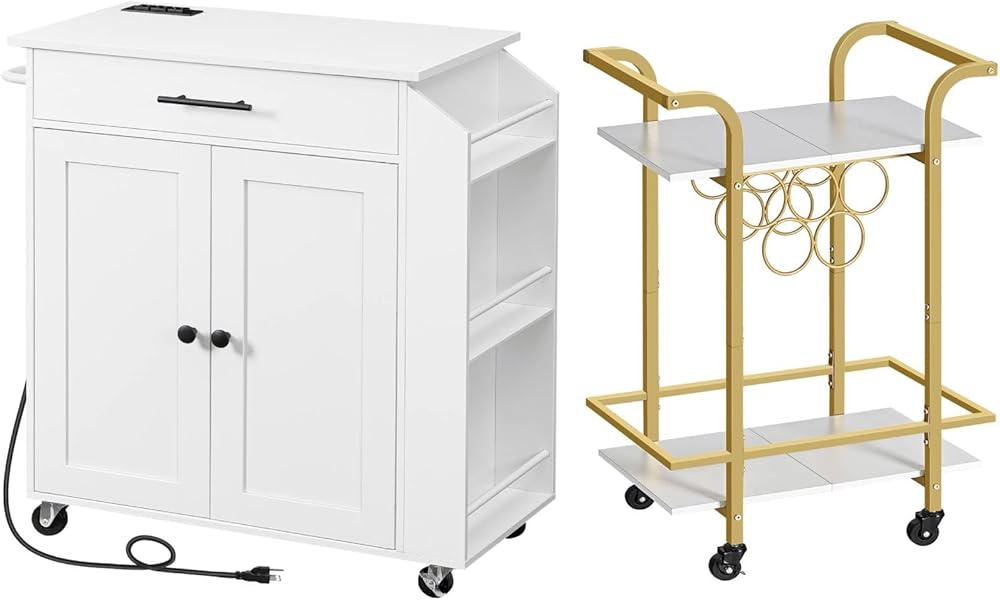 HOOBRO Kitchen Island with Power Outlet and Gold Bar Cart for Home Bundle, Rolling Kitchen Cart on Wheels, for Home, Kitchen and Dining Room, WT82UZD01G1-DW56TC01