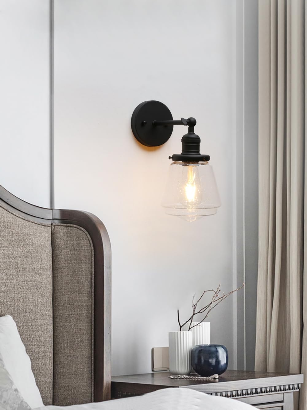 Antique and Black Vintage Wall Sconce Lamp with Seeded Glass Shade, Industrial Indoor Wall Light Fixtures