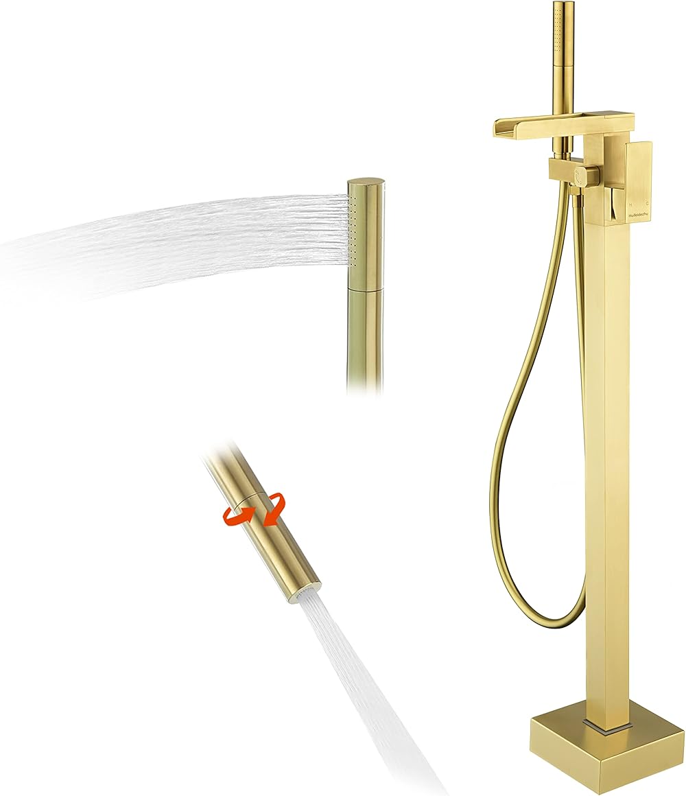 Freestanding Bathtub Faucet Brushed Gold, Floor Mount Tub Filler with Hand Shower, Free Standing Bath Tub Faucet Waterfall Spout, Bathroom Brass Floor Tub Faucet with Sprayer-Huifeidezhu
