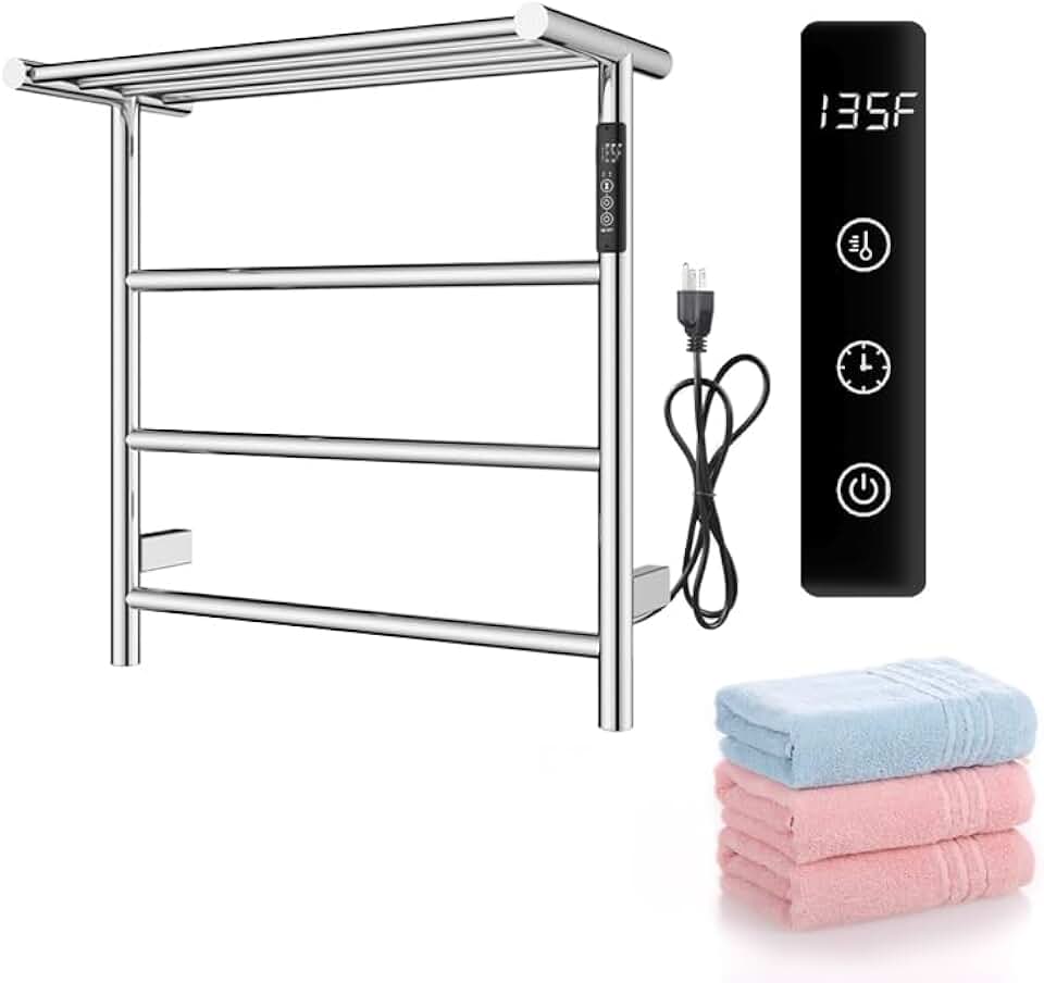 Towel Warmers for Bathroom Heated Towel Warmer Bathroom Towel Rack Towel Warmer Wall Mounted with Top Shelf,304 Stainless Steel Heated Drying Rack 3 Square Bar 65W,Chrome
