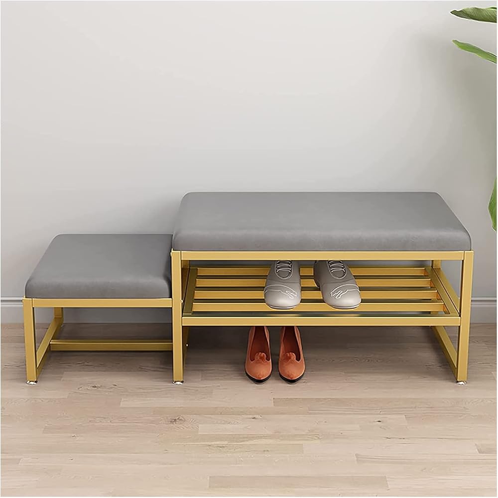 Shoe Storage Bench Entryway Hallway Furniture, Entryway Shoe Bench with Cushioned Seat Metal Frame Shoe Racks with Anti-Slip Foot Pad Storage Organizer for Hallway Corridor Room(Gold,80*35*45 cm)