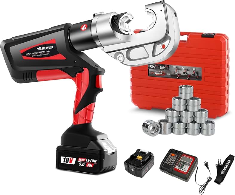 Electric Wire Cable Crimper 12TON Battery Powered Hydraulic Crimping Tool Range 6AWG to 800MCM with 12 Dies, Electricians for Circuit Repairs and Stainless Steel Deck Upgrades (HL-400B)