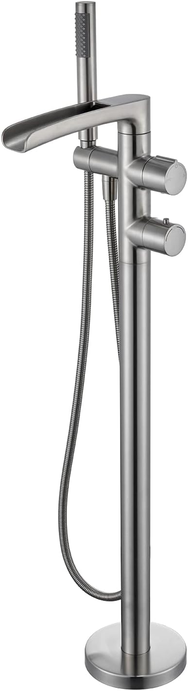 Thermostatic Freestanding Bathtub Faucet Waterfall Tub Filler Brushed Nickel Floor Mount with Rough in Valve Brass Bathroom Faucets with Hand Shower