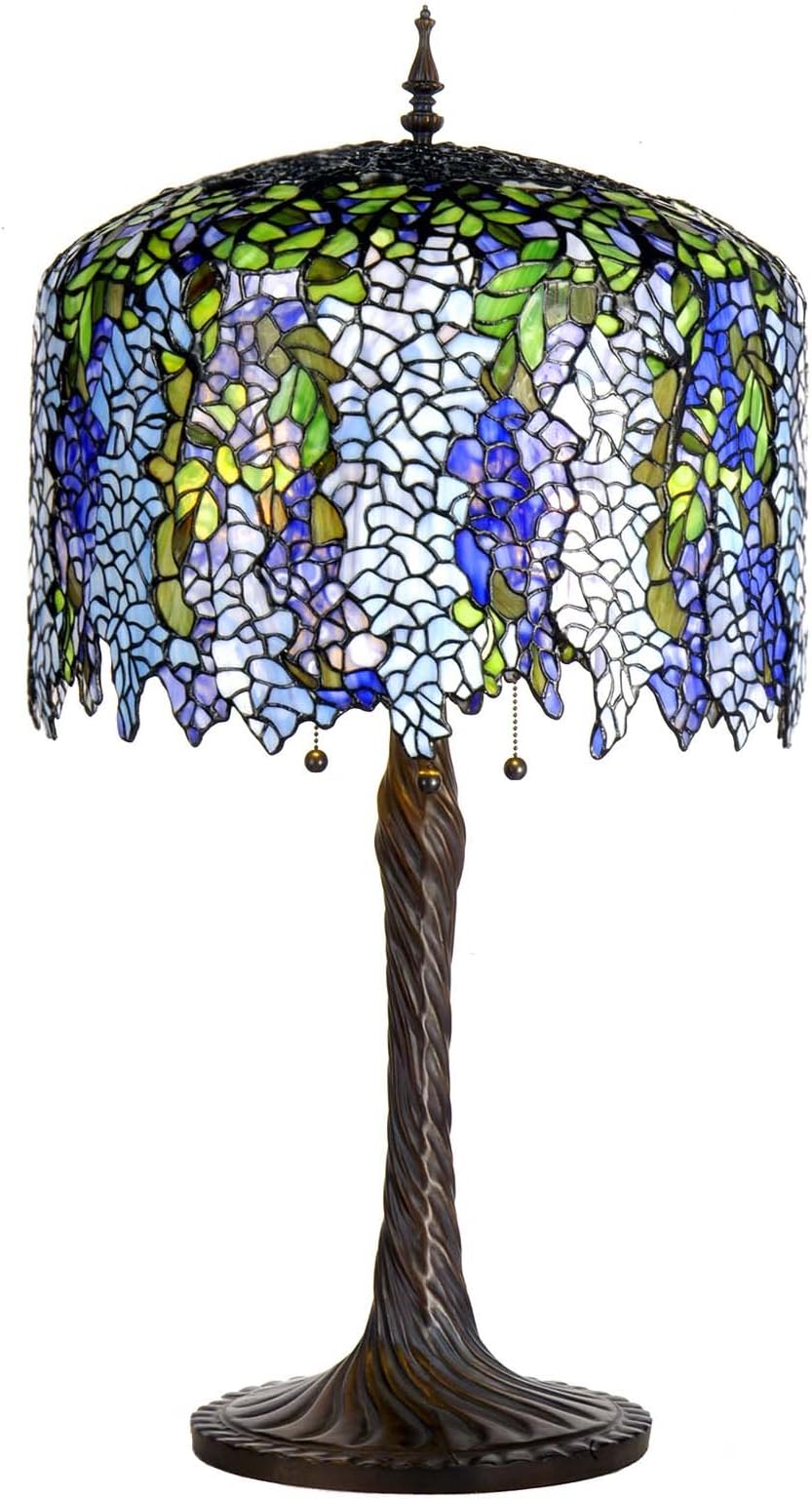 Bieye L10549 Wisteria Tiffany Style Stained Glass Table Lamp with 18-inch Wide Handmade Lampshade Brass Tree Trunk Base, 35-inch Tall