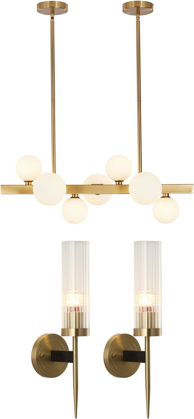 BOKT Gold Chandelier Glass Pendant Light Modern Glass Hanging Light with Matching Wall Fixture Living Room Decor Contemporary Wall Sconce