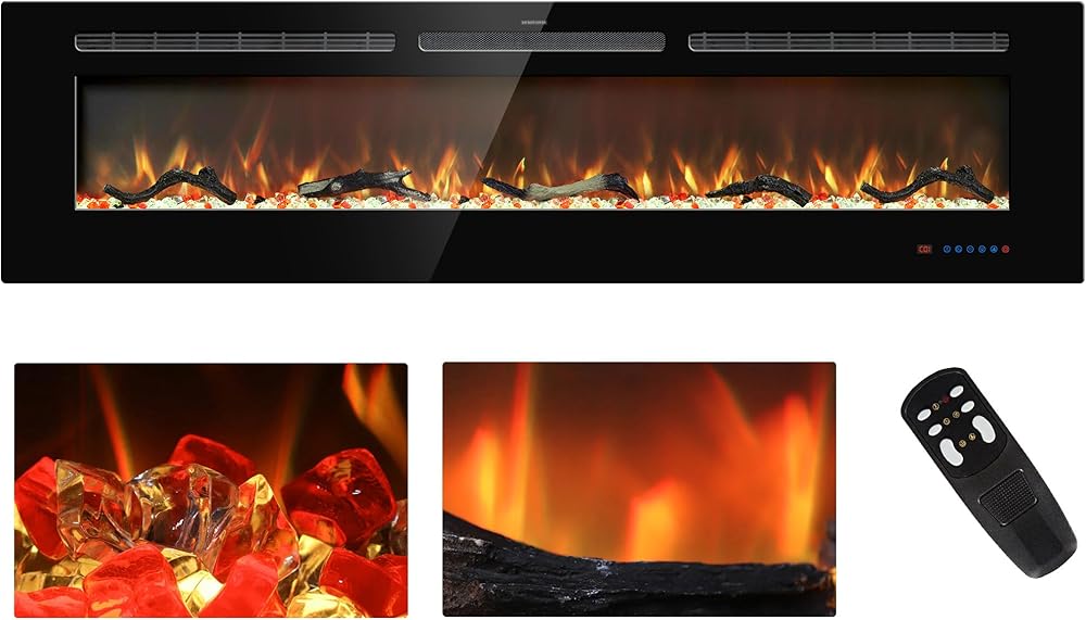 65 inches Electric Fireplace Inserts, Recessed and Wall Mounted Fireplace Heater, Linear Fireplace w/Thermostat, Remote & Touch Screen, Multicolor Flame, Timer, Log & Crystal, 750W/1500W