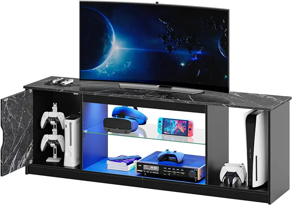 Bestier Led Entertainment Center for PS5, Gaming TV Stand with Cabinet for 60/65 Inch TV, Modern TV Console with Adjustable Glass Shelf for Living Room Easy Assembly Black Marble