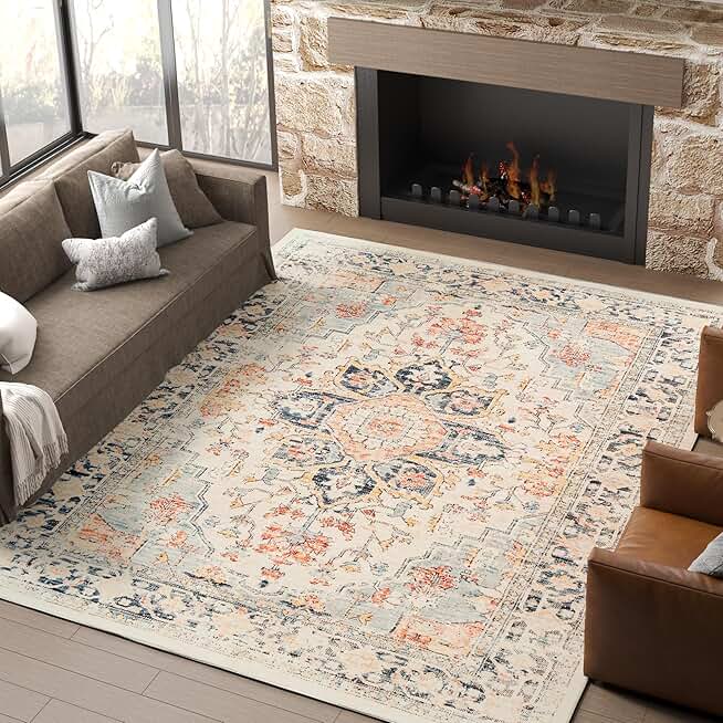 jinchan Area Rug 9x12 Rug Vintage Rug Indoor Floor Cover Print Distressed Medallion Orange Multi Soft Rug Foldable Large Accent Rug Lightweight for Kitchen Living Room Bedroom Dining Room