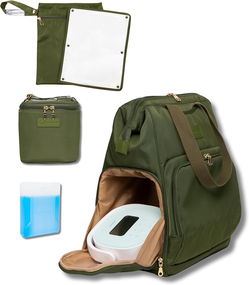 Sarah Wells Norah Breastpump Backpack Cold Gold Breastmilk Cooler and Pumparoo Wet/Dry Bag (Olive) Bundle