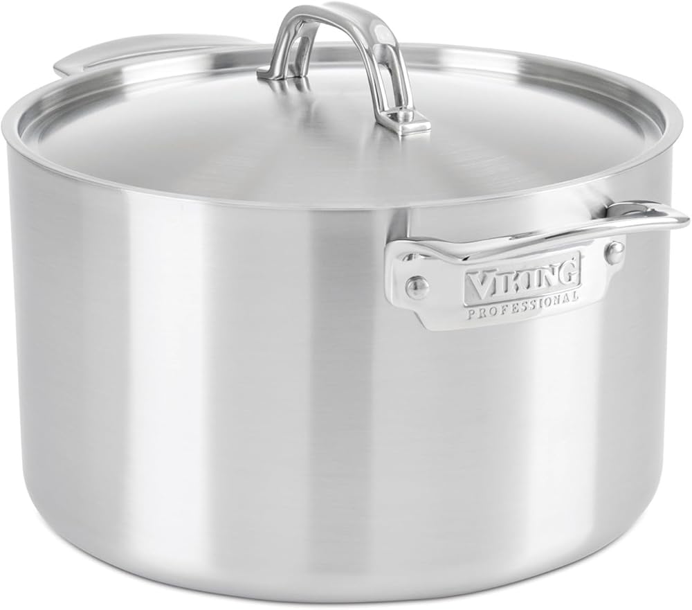 Viking Culinary Professional 5-Ply Stainless Steel Stockpot, 8 Quart, Includes Steel Lid, Dishwasher, Oven Safe, Works on All Cooktops including Induction, Gray