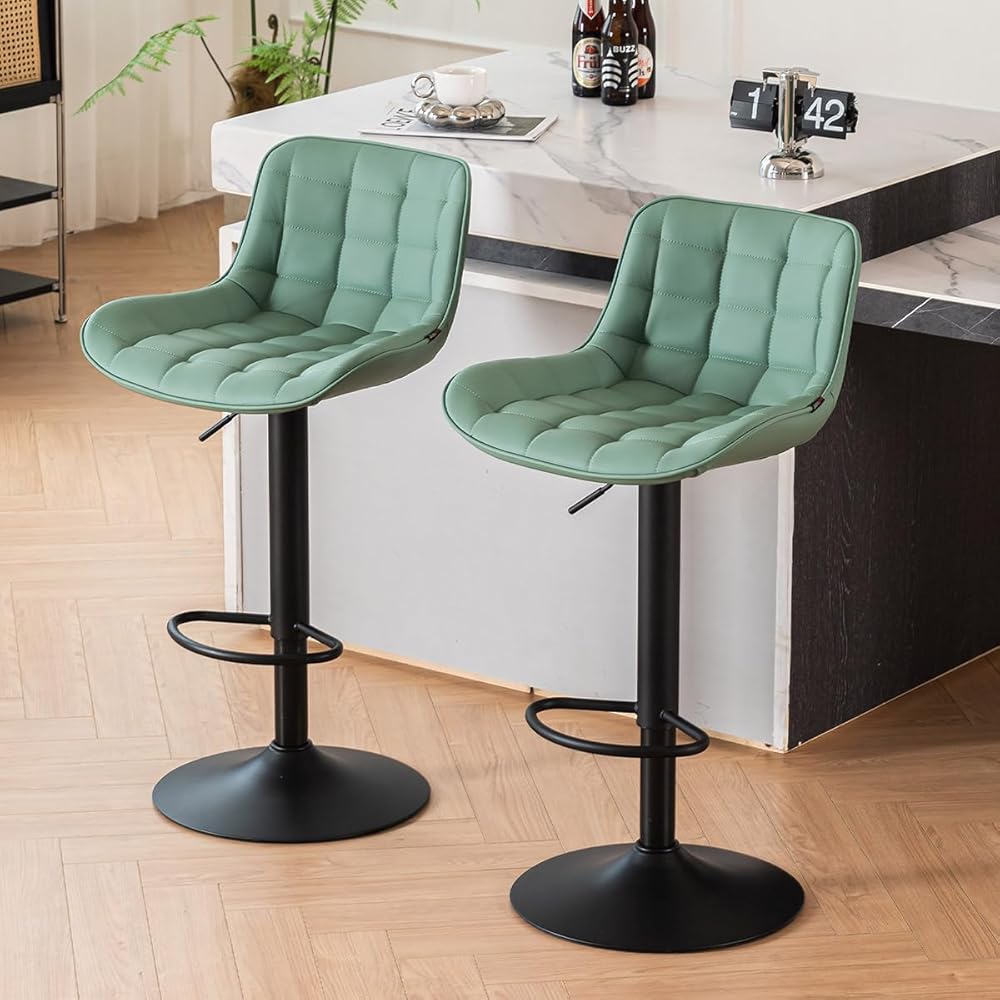 Bar Stools Set of 2 Counter Height Adjustable Kitchen Island Chairs Modern Barstool with Back and Metal Legs Upholstered Bar Chairs for Kitchen, Dining Room Armless, Sea Green