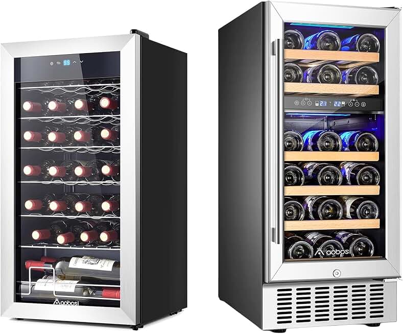 AAOBOSI Wine Fridge, 17 Inch Wine Cooler, Freestanding Double-Paned Tempered Glass 28 Bottles Wine Refrigerator Small, 28 Bottles Wine Fridge, 15 Inch Dual Zone Wine Cooler with 6 Adjustable Shelves