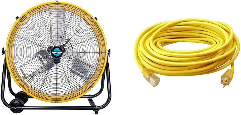 24 Inch High Velocity Heavy Duty Tilt Metal Drum Fan Yellow & Southwire 2588SW0002 Outdoor Cord-12/3 SJTW Heavy Duty 3 Prong Extension Cord-for Commercial Use (50'; Yellow)