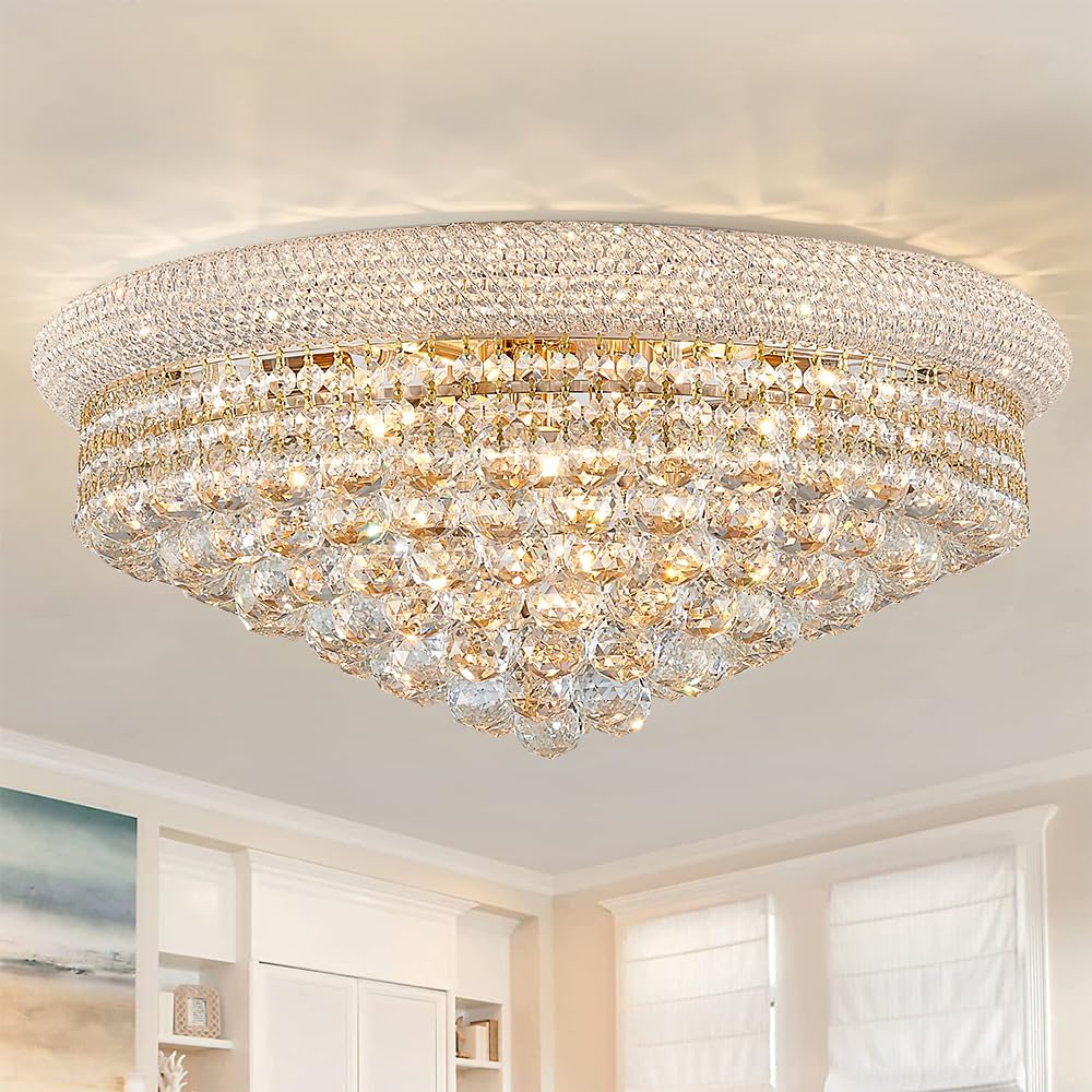 Modern Gold Ceiling Crystal Chandeliers - Diameter 24 inch Semi Fulsh Mounted Chandelier Light Fixtures for Living Dining Room, Bedroom