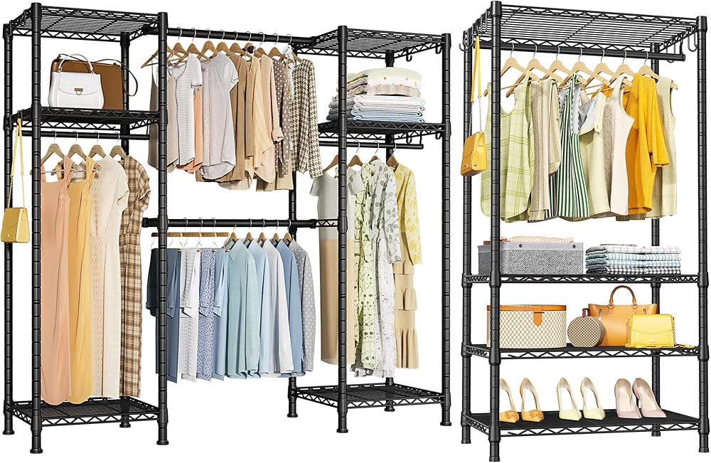 Ulif E7 and Portable Garment Rack Black Bundle, Clothes Rack, and Closet Storage System with Shelves and Expandable Hanger Rods, Freestanding Clothing Rack
