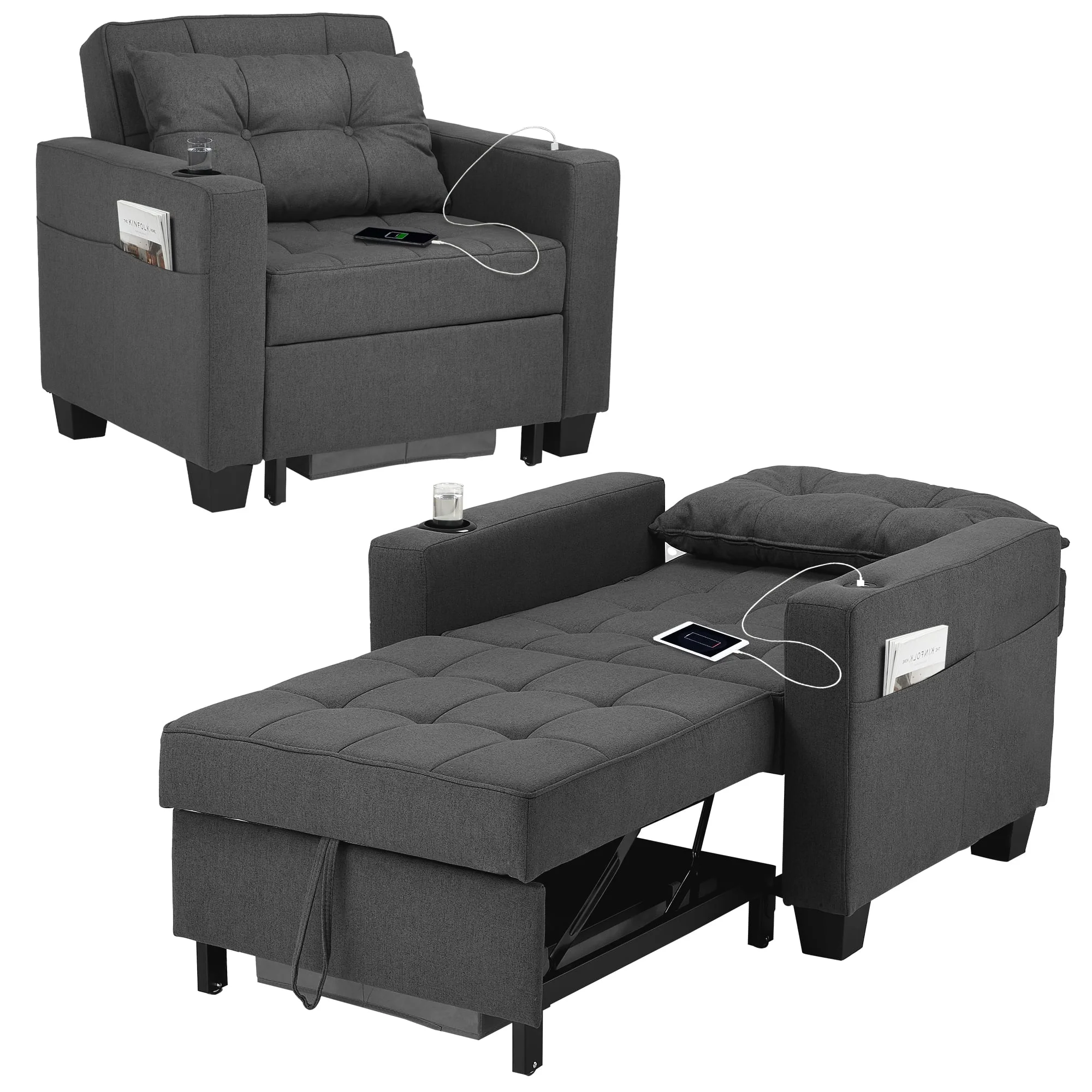 3 in 1 Convertible Sleeper Sofa Pull Out Chair Bed with Usb Port Sleeping Couch Dark Gray
