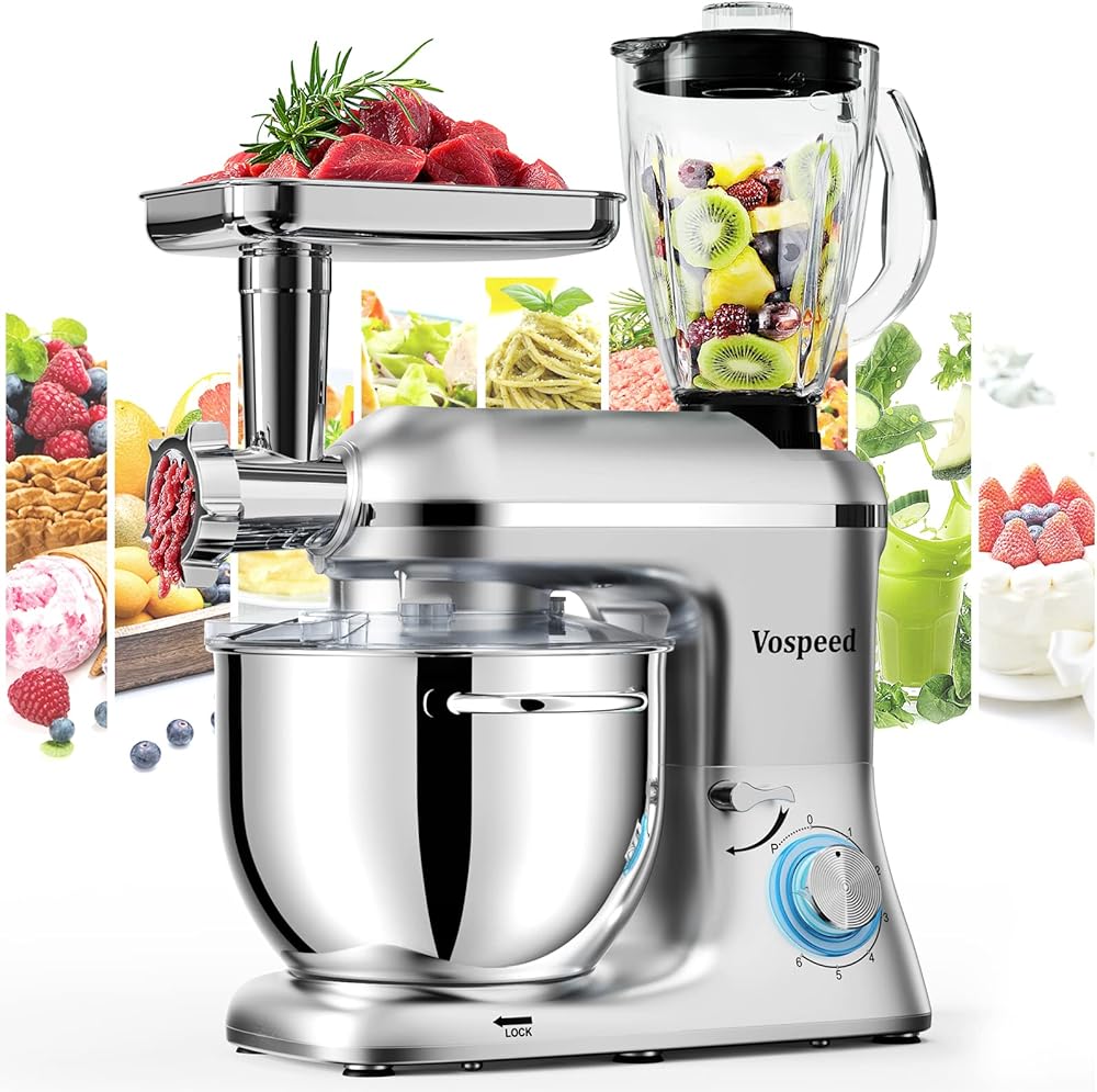 Vospeed 9 IN 1 Stand Mixer, 850W Tilt-Head Multifunctional Electric Mixer with 7.5 QT Stainless Steel Bowl, 1.5L Glass Jar, Meat Grinder, Hook, Whisk, Beater Dishwasher Safe - Silver