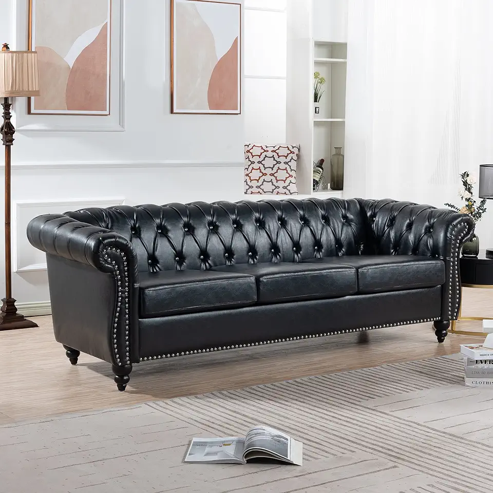 Modern 3 Seater Couch, Large Furniture, Roll Arm Classic Chesterfield Settee Leather Sofa with Channel Tufted Seat Back for Living Room, Black PU