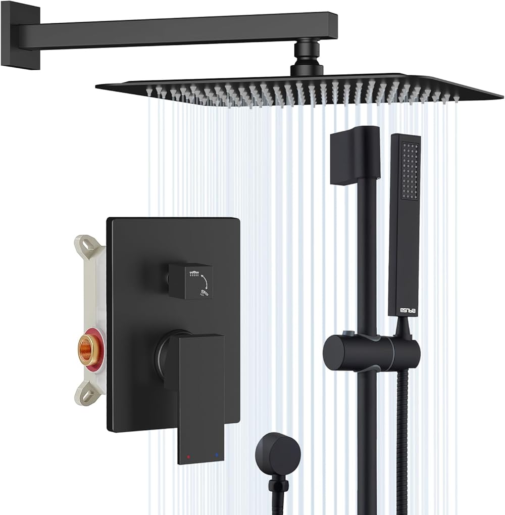 ESNBIA Shower System, Slide Bar Shower Faucet Set with 10 Inches Rain Black Shower Head and Handheld Spray Combo, Shower Faucet with Valve, Wall Mounted High Pressure Shower Head Combo, Matte Black