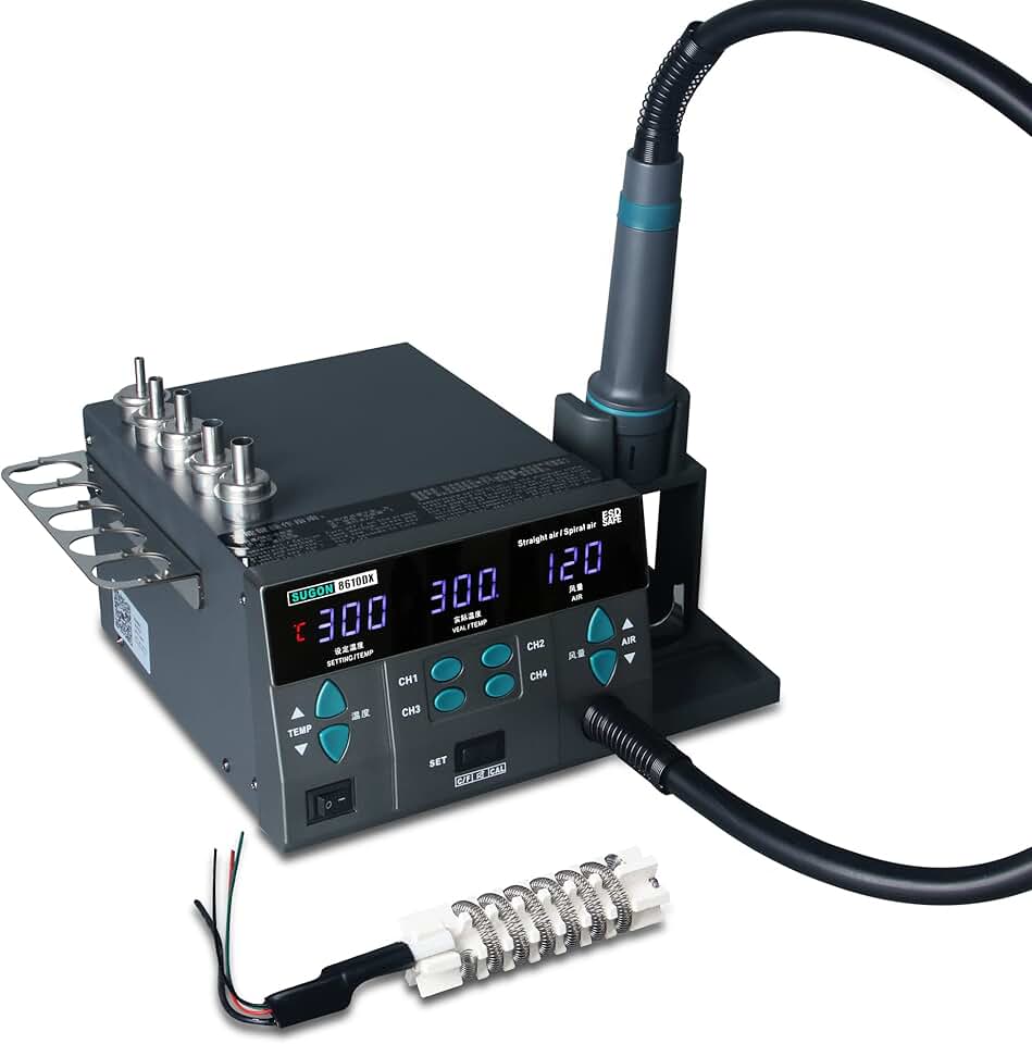 SUGON 8610DX 110V Digital Hot Air Rework Station 1000W,212℉-845℉ Adjustable Temperature C/F,4 Memory Storage,5 Air Nozzle, SMD Hot Air Station with Quick Change High-Temperature Air Nozzle Bracket