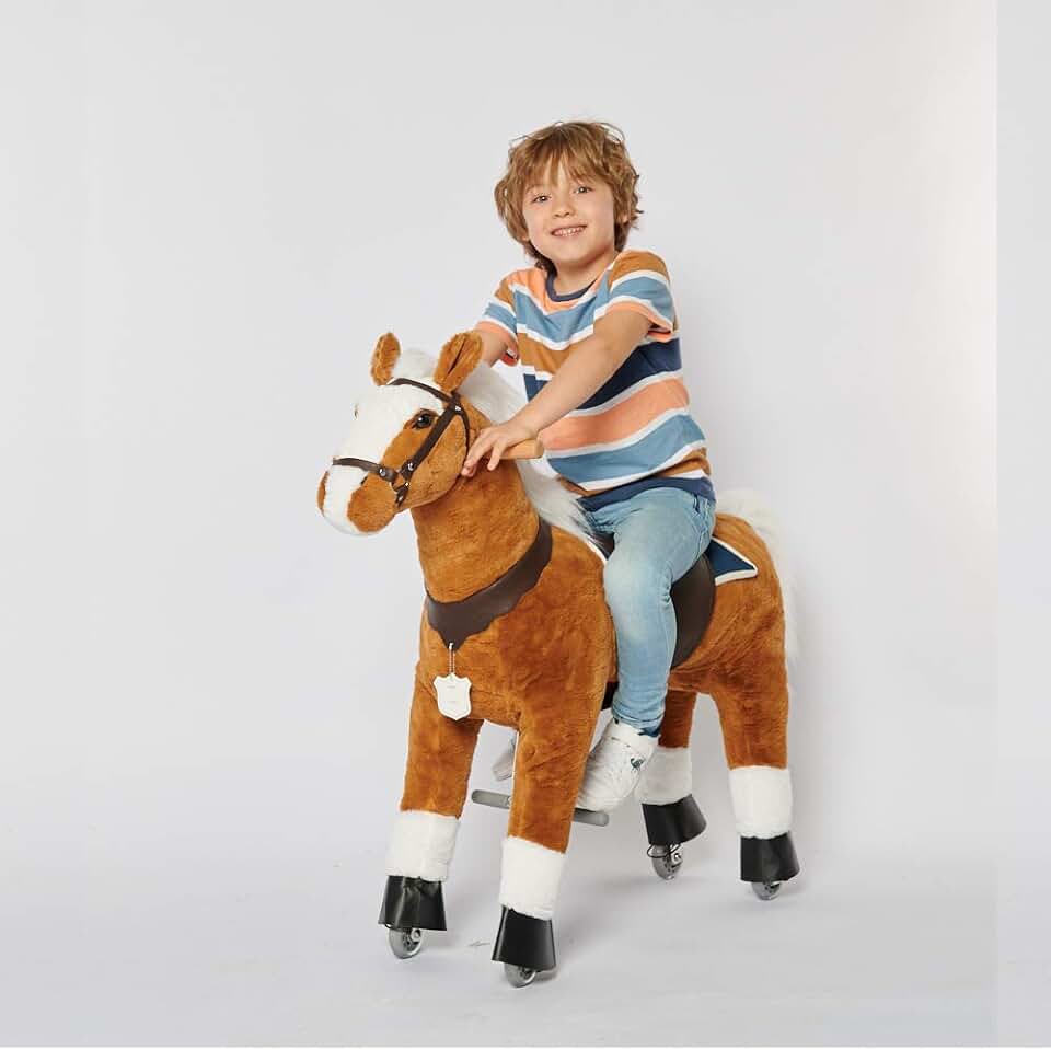 UFREE Riding Horse, Horse Riding Toy, Mechanical Horse, Plush Animal, White Mane and Tail, Age 3-6
