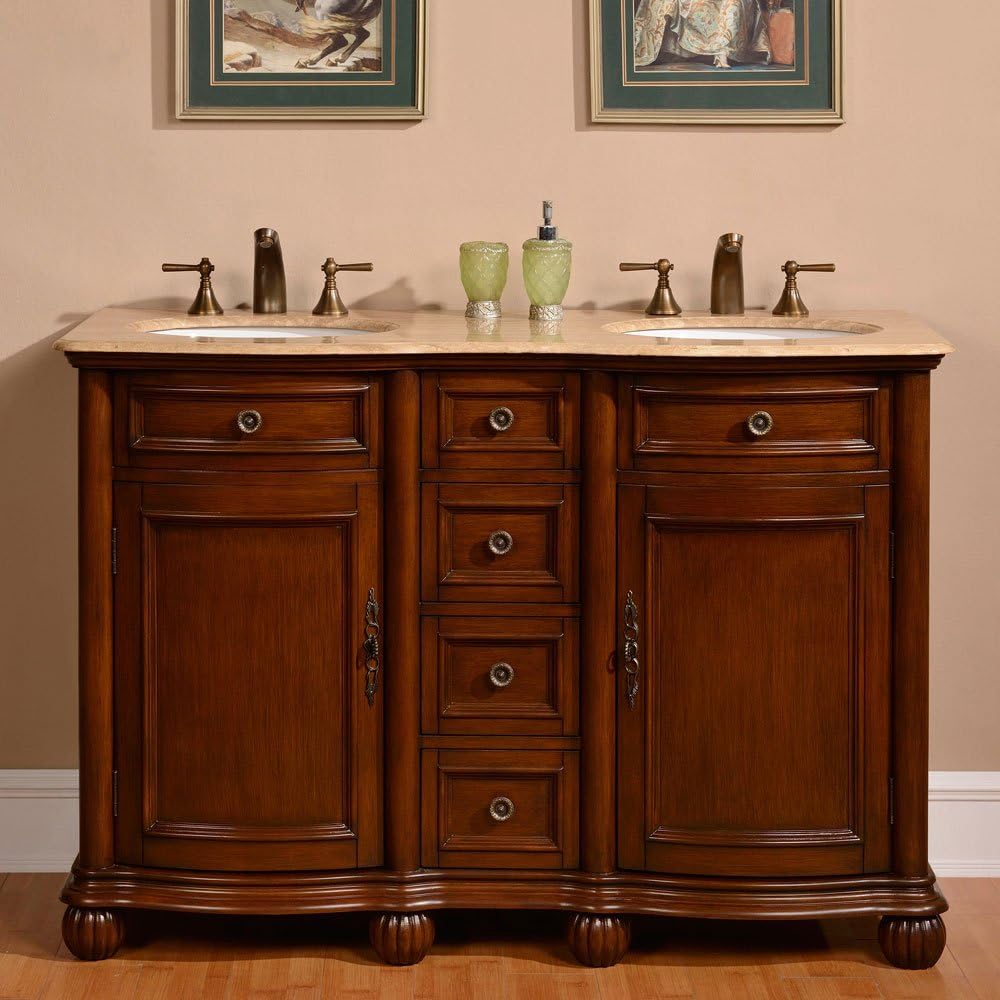 Silkroad Exclusive Countertop Travertine Double Sink Bathroom Vanity with Cabinet, 52