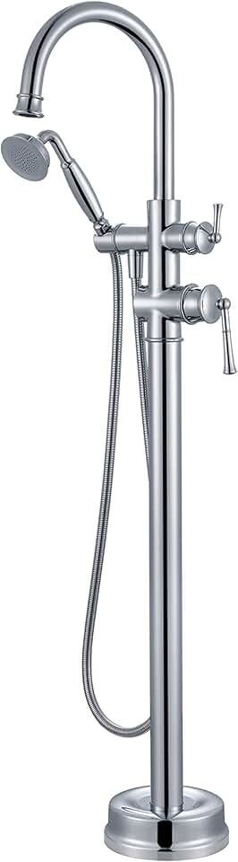 Freestanding tub filler, Chrome Floor Mount Bathtub Faucet With Brass Handheld Shower, 360° Swivel Spout With 59'' Water Hose, Vintage 2-1 Function Tub Faucet for Bathroom(B2311-CP)