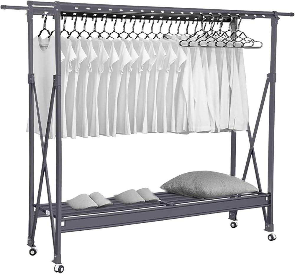 Small apartment Clothes drying rack,laundry rack drying collapsible, Standing Washing Airer drying rack, drying rack clothing foldable,with Windproof Hooks, universal wheel ( Color : Gray , Size : Len