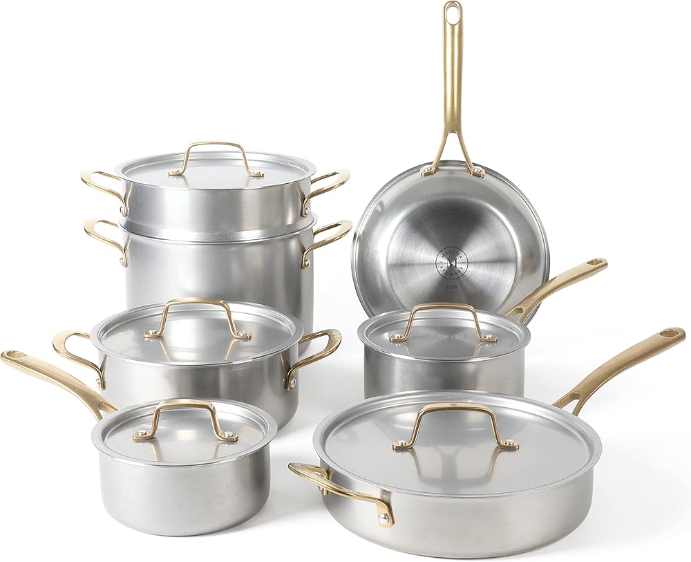 MARTHA STEWART Vintage 18/8 Triply Stainless Steel 12 Piece Cookware Set w/Gold Handles