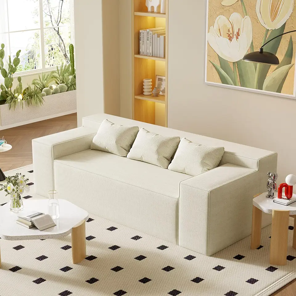 Modern 3-Seater Sofa, Hybrid Sofa in a Box, No Assembly Required, Comfy Sofa Couch with 3 Matching Pillows, Cat-Scratch Resistant Linen, Couch for Living Room or Bedroom, Beige