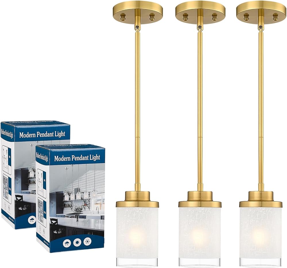 TENGXIN Modern Pendant Light for Kitchen Island, Brushed Gold Hanging Ceiling Light Fixture,Farmhouse Pendant Lighting for Dining Room Bedroom Bar Office 3Pack,TXPLBG01+TXPLBG01-2PK