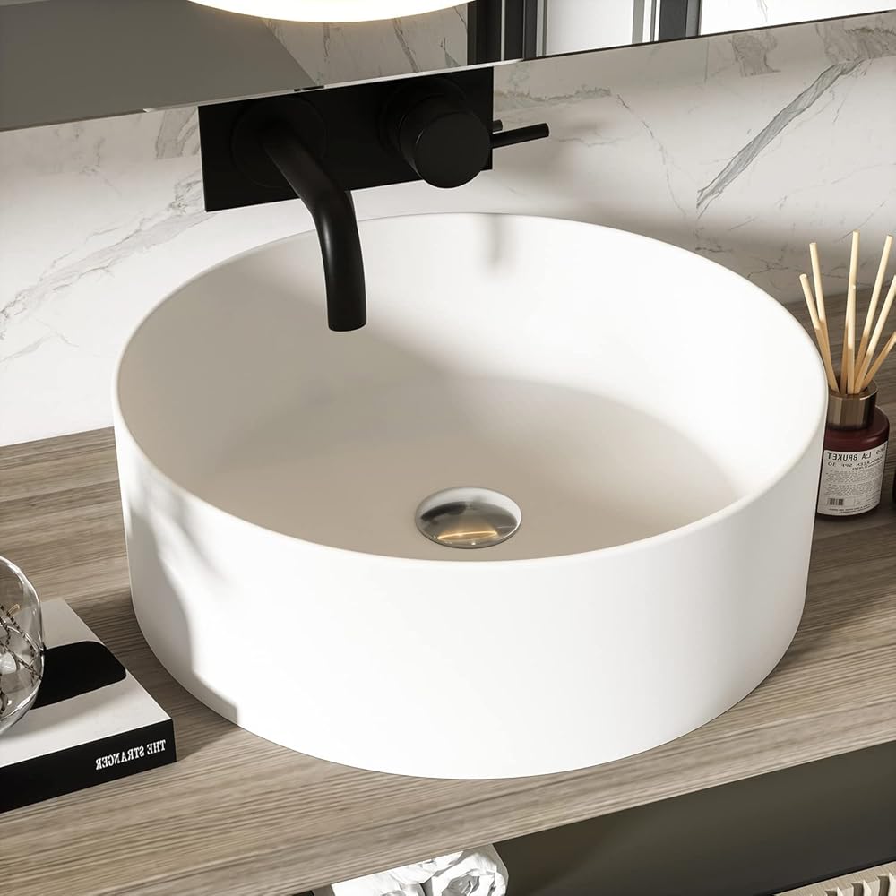15.74 Inch Round Bathroom Vessel Sink, Above Counter Circle Matte Stone Countertop Modern Sink Art Basin for Lavatory Vanity Cabinet
