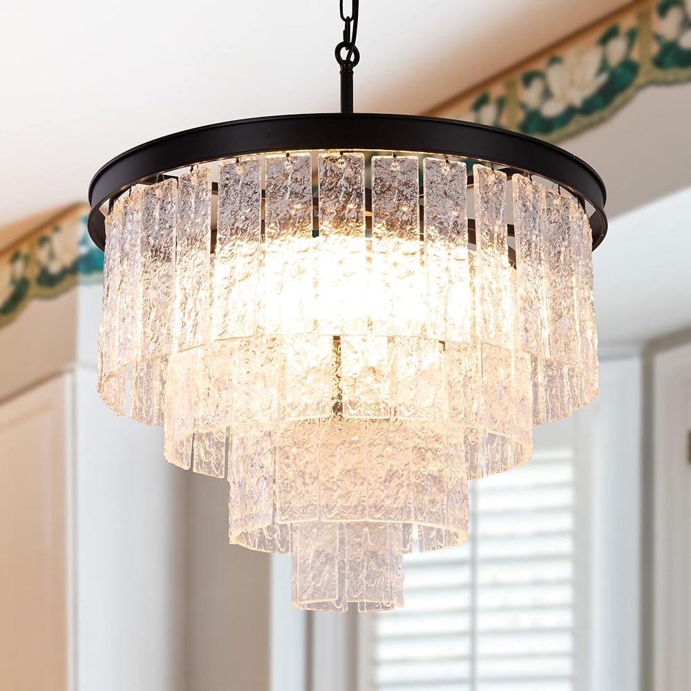 Wellmet Farmhouse black Chandelier, 6-Light Water Rippe Glass Chandelier Lighting Fixture for Dining Room, Living Room, Bedroom, Foyer, Hallway, Kitchen 24''W