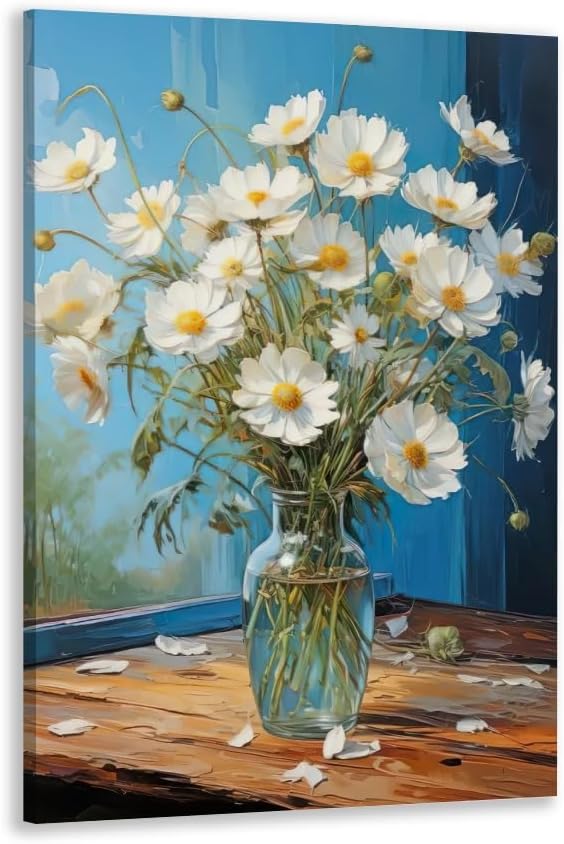 Bathroom wall art blue mason jar daisy flowers modern decorative art canvas print picture as gift to hang in office, dining room, kitchen, living room, bedroom24x36in Framed