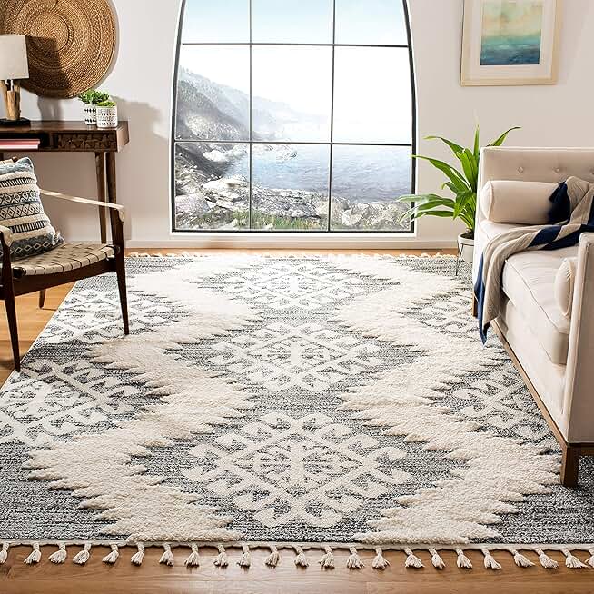 SAFAVIEH Moroccan Tassel Shag Collection 11' Square Ivory/Grey MTS652F Boho Non-Shedding Living Room Bedroom Dining Room Entryway Plush 2-inch Thick Area Rug