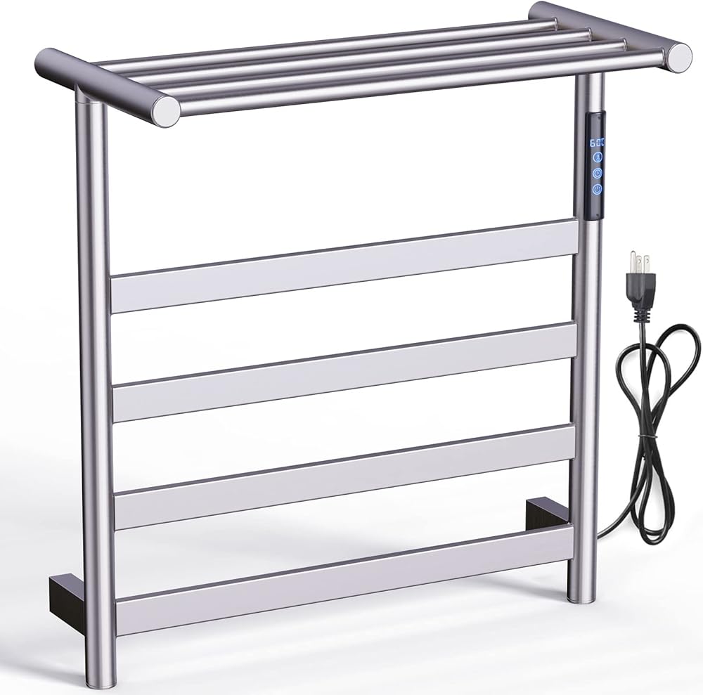 Heated Towel Warmer Bathroom Towel Rack Towel Warmer Wall Mounted with Built-in Timer 4 Bars Electric Stainless Steel Heated Towel Racks for Bathroom Towel Heater for Bathroom (Matte Black)