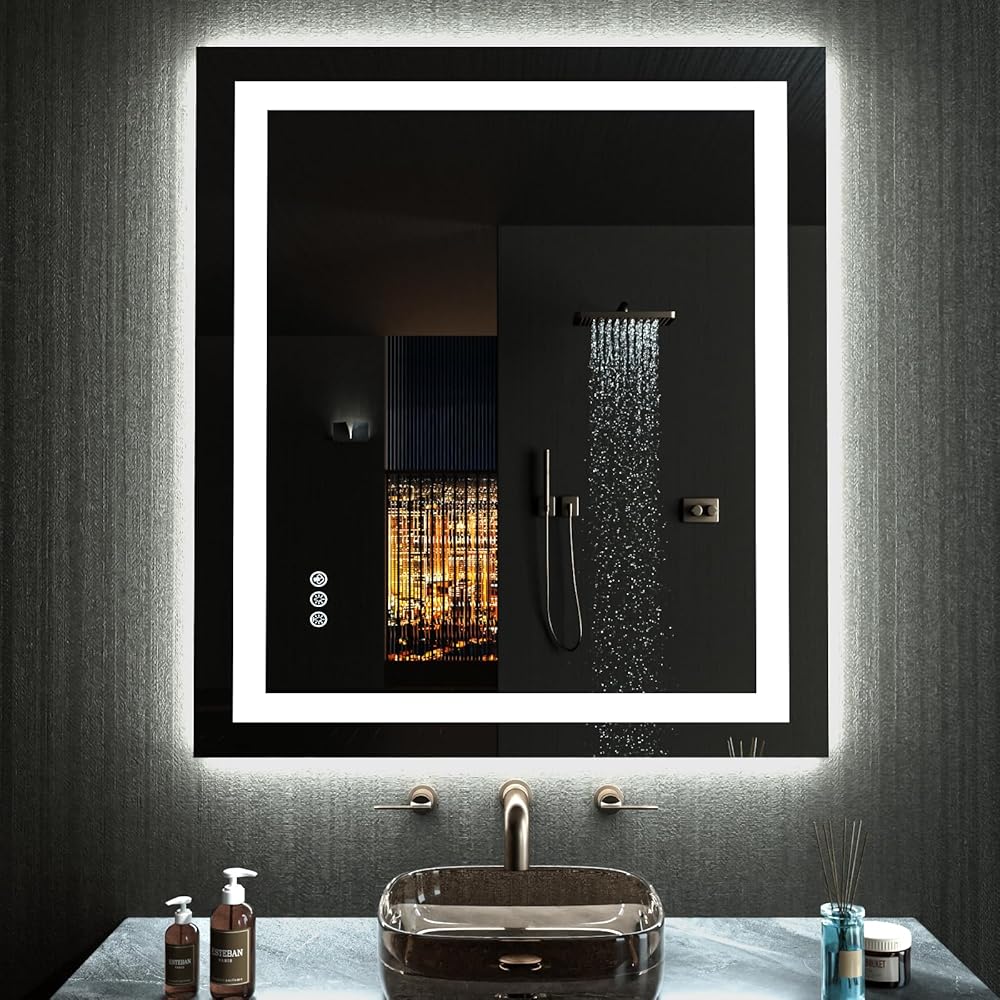 LOAAO 32”X36“ RGB LED Bathroom Mirror with Lights, Large, Anti-Fog, Dimmable Smart Lighted Bathroom Vanity Mirror, Multiple Light Modes, RGB Backlit + Front Light, Memory Function, Tempered Glass