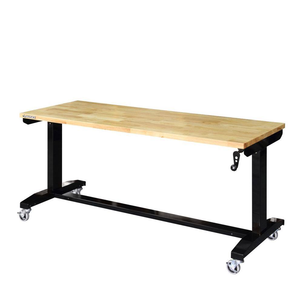 Husky HOLT62XDB12 62 in. W x 24 in. D Adjustable Height Solid Wood Top Workbench Table in Black