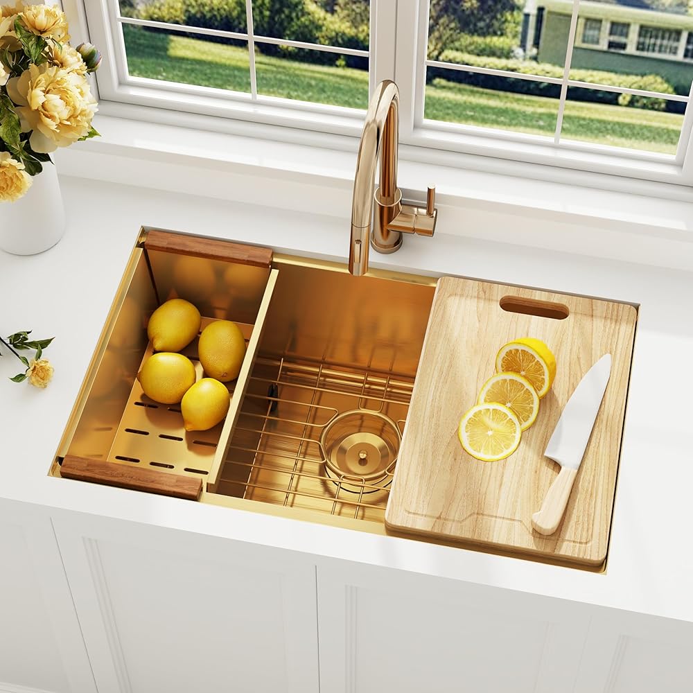 32 Inch Gold Kitchen Sink, Stainless Steel Undermount 16 Gauge Workstation Sink, Single Bowl Rectangular Sinks with Ledge, Accessories Included - Strainer & Grid & Colander & Cutting Board