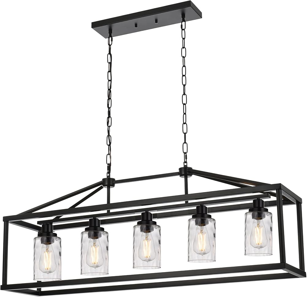 BONLICHT Black Farmhouse Chandeliers Rectangle 5 Light Modern Kitchen Island Pendant Light with Clear Water Glass Industrial Linear Dining Room Lighting Fixture Hanging Flush Mount Ceiling Lights