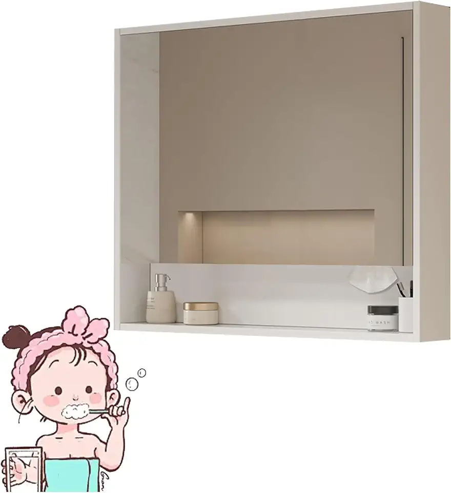 Medicine Cabinet, Bathroom Wall Cabinet, with Mirror and Open storage area, Bathroom Wall Cabinet Over The Toilet, Vanity, No Back Board, Surface Mount, for Bathroom Laundry Room Kitchen(White,60cm/23