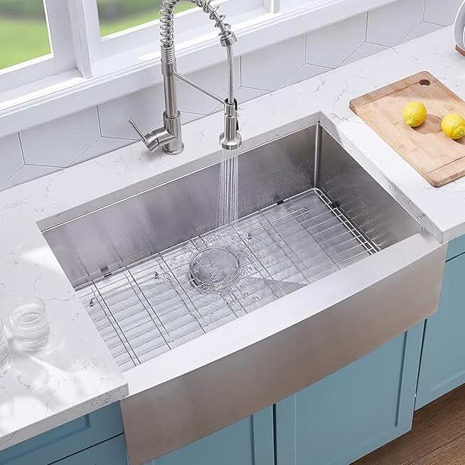VCCUCINE Farmhouse Sink, 30 Inch Stainless Steel Farmhouse Kitchen Sink, Undermount Drop in Single Bowl Basin Apron Sink, Brushed Nickel Farm Sink With Dish And Drain Assembly