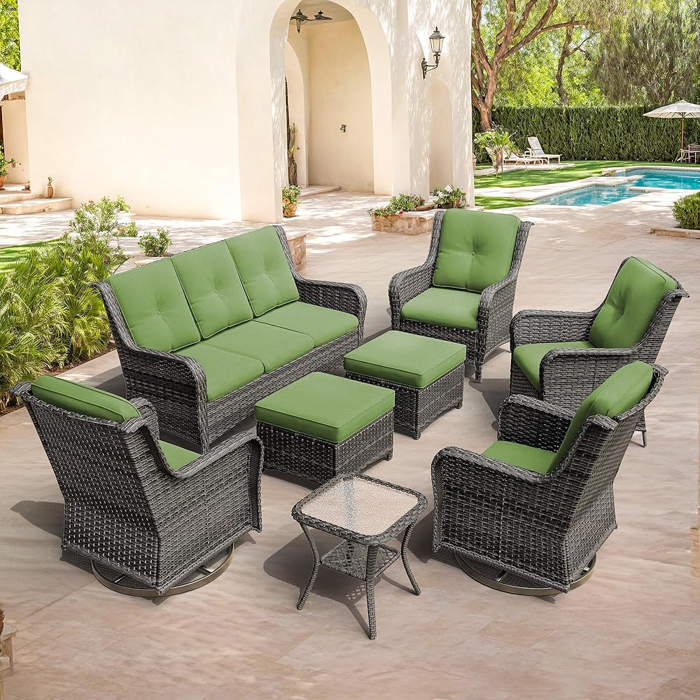 Wicker Patio Conversation Set 8-PCS, A 3-Seat Sofa, 2 Swivel Rocker Chairs, 2 Armchairs, 2 Ottomans and 1 Side Table, Patio Furniture Set, Green