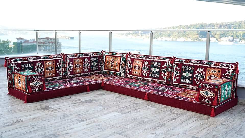 Maroon L Shaped Floor Couch, Sectional Sofa Set, Floor Pillow, Arabic Majlis, Moroccan Livingroom Cushion, 4