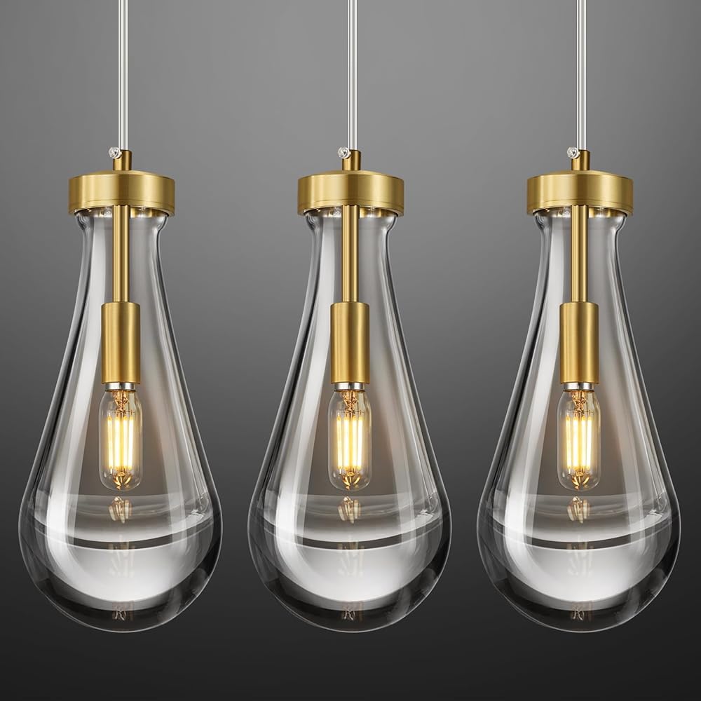 Modern Raindrop Pendant Lights Kitchen Island Heavy Hanging Light Fixtures Gold Glass Pendant Light Chandelier for Dinning Room Kitchen Bedroom Bar Foyer Farmhouse(3 Pack)