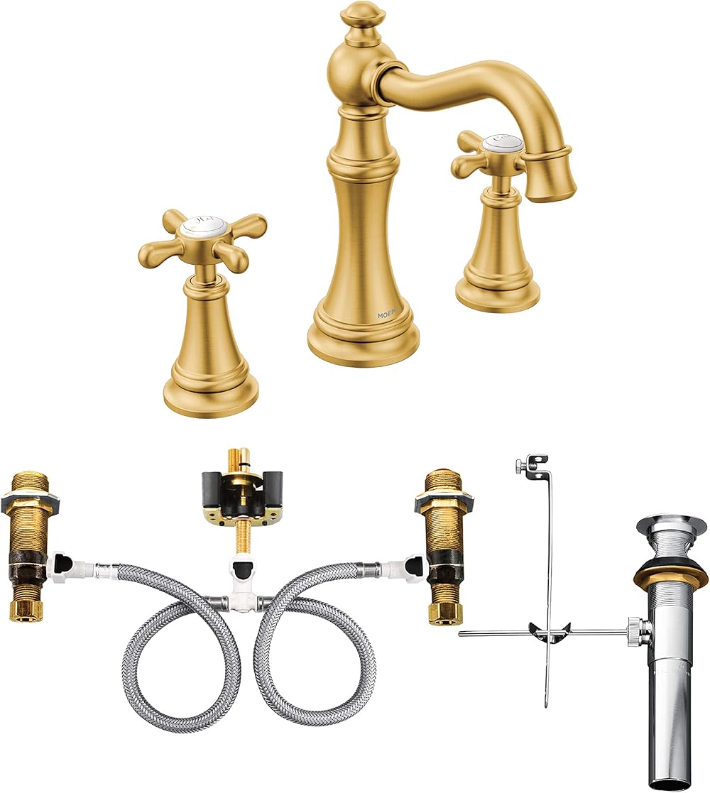 Moen TS42114BG-9000 Weymouth Two-Handle Widespread Bathroom Faucet with Cross Handles and Valve, Brushed Gold