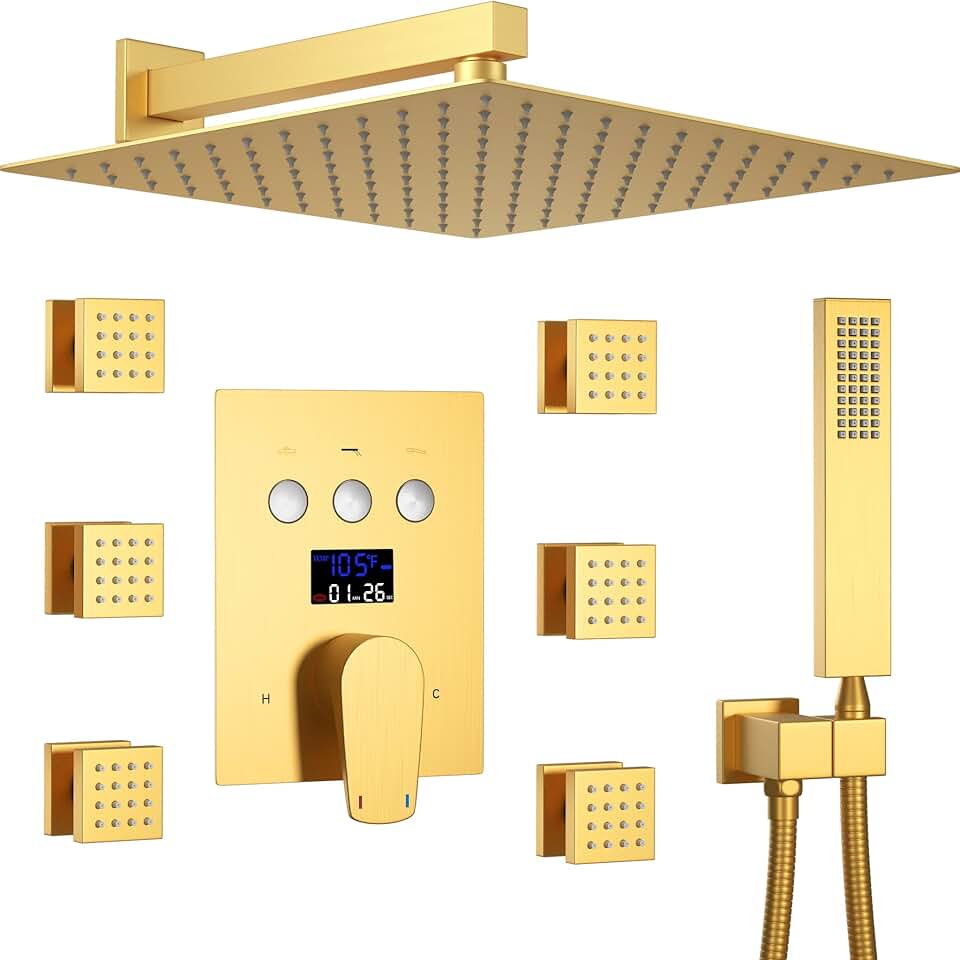Digital Display Shower Faucet Set Brushed Gold Shower System with Body Jet, Push Button Diverter Shower Fixtures with Handheld,Wall Mounted 12 inch shower head (Rough-in Valve Body and Trim)